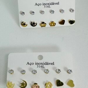 Kit brincos aço inoxidável dourado 18
